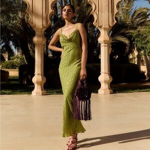 Backless Olive Green Slip Dress with Cowl Neck
